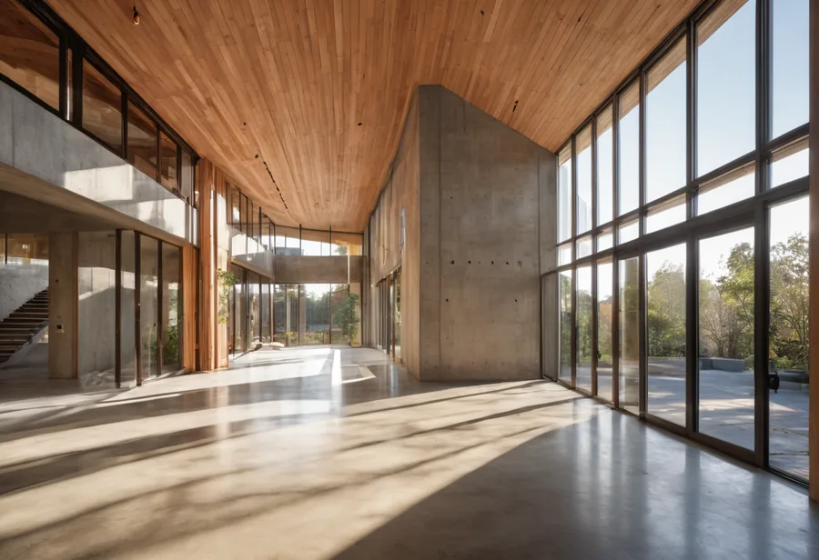 Sunlit architectural atrium in concrete and timber