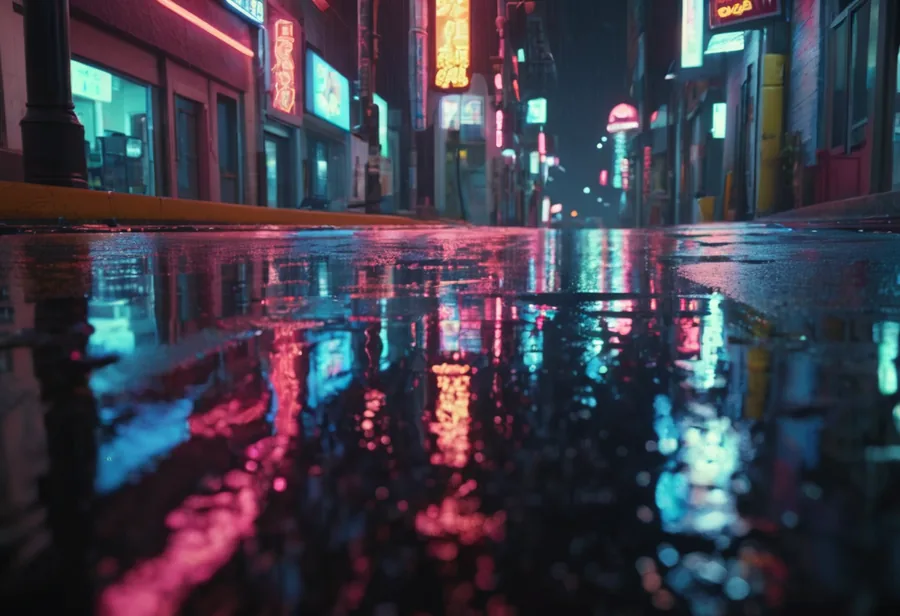 Rain-soaked neon city street at night, reflections on wet asphalt