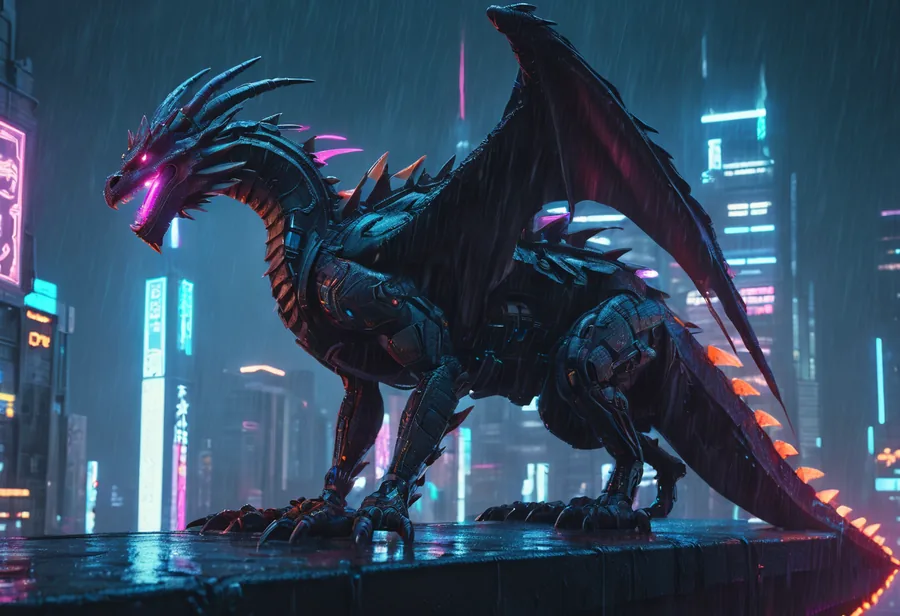 Armoured dragon on a rooftop in a neon-lit city at night