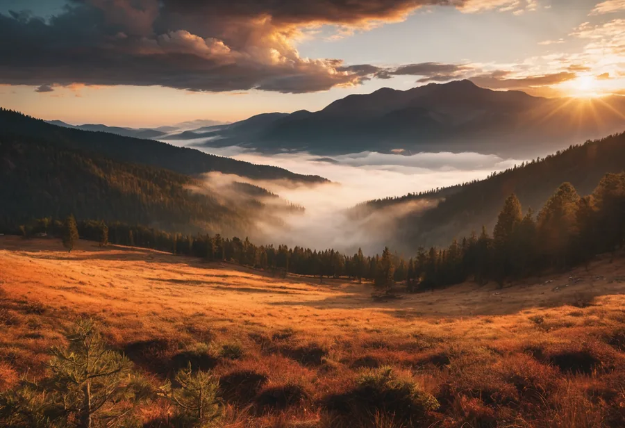 Mountain valley at golden hour with mist between the pines