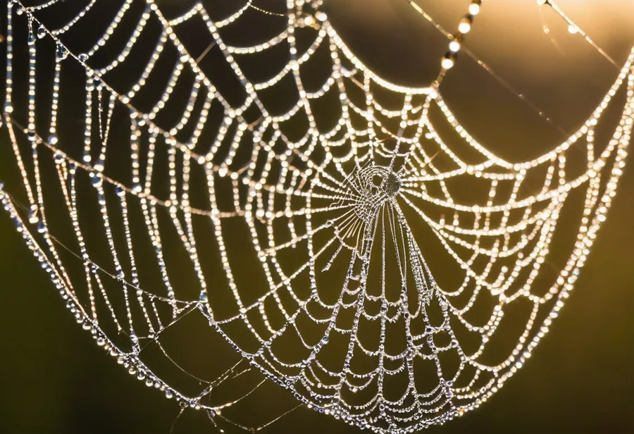 Extreme macro of a dew-covered spider web backlit at dawn
