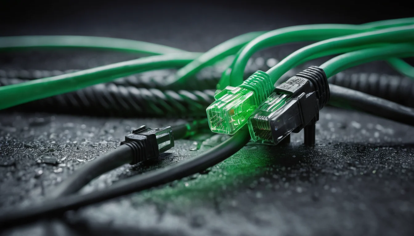 Green and black network cables tangled on a wet dark surface, two connectors lit in the foreground.