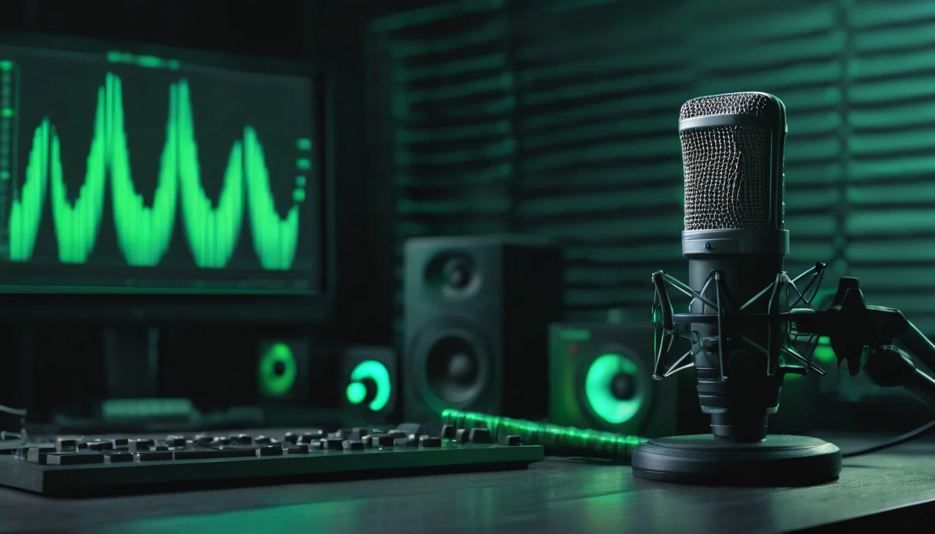 A studio microphone on a dark desk beside a glowing green audio waveform.