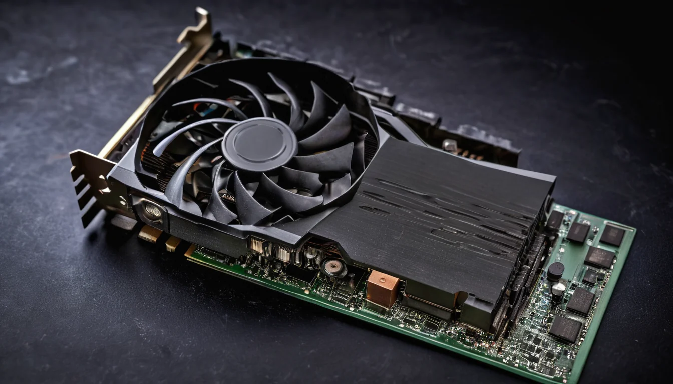 A consumer graphics card on a workbench under hard light, memory chips in sharp detail.
