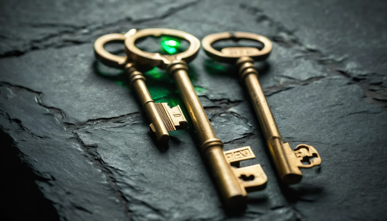 Three brass keys lying on cracked dark slate, green light glowing up from under them.