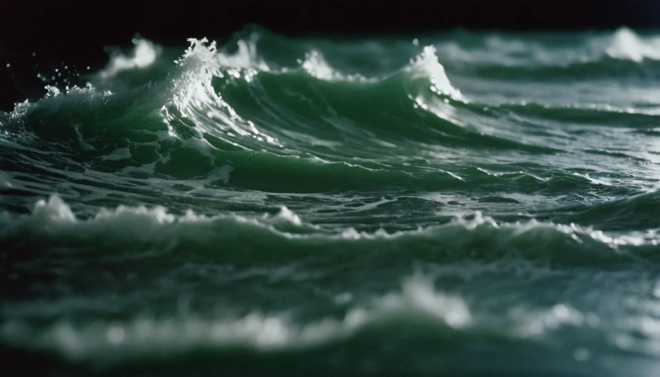 A dark green wave caught mid-break, spray frozen along its crest.