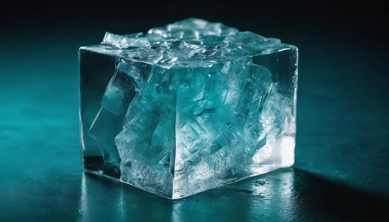 A single dense cube of ice lit from within, teal, on a dark reflective surface.