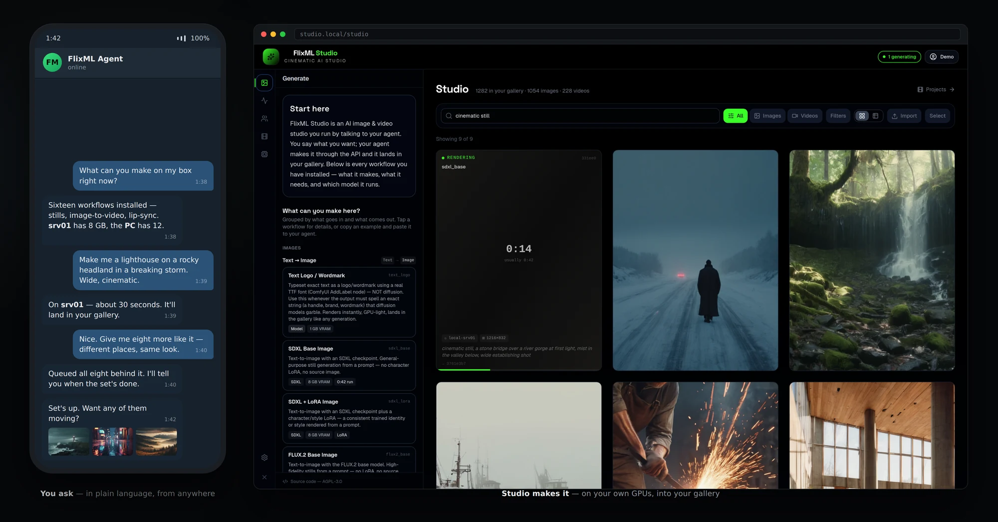 FlixML Studio: a chat where a user asks for a lighthouse shot, beside the Studio gallery filling with the generated stills and a workflow catalog listing what's installed.