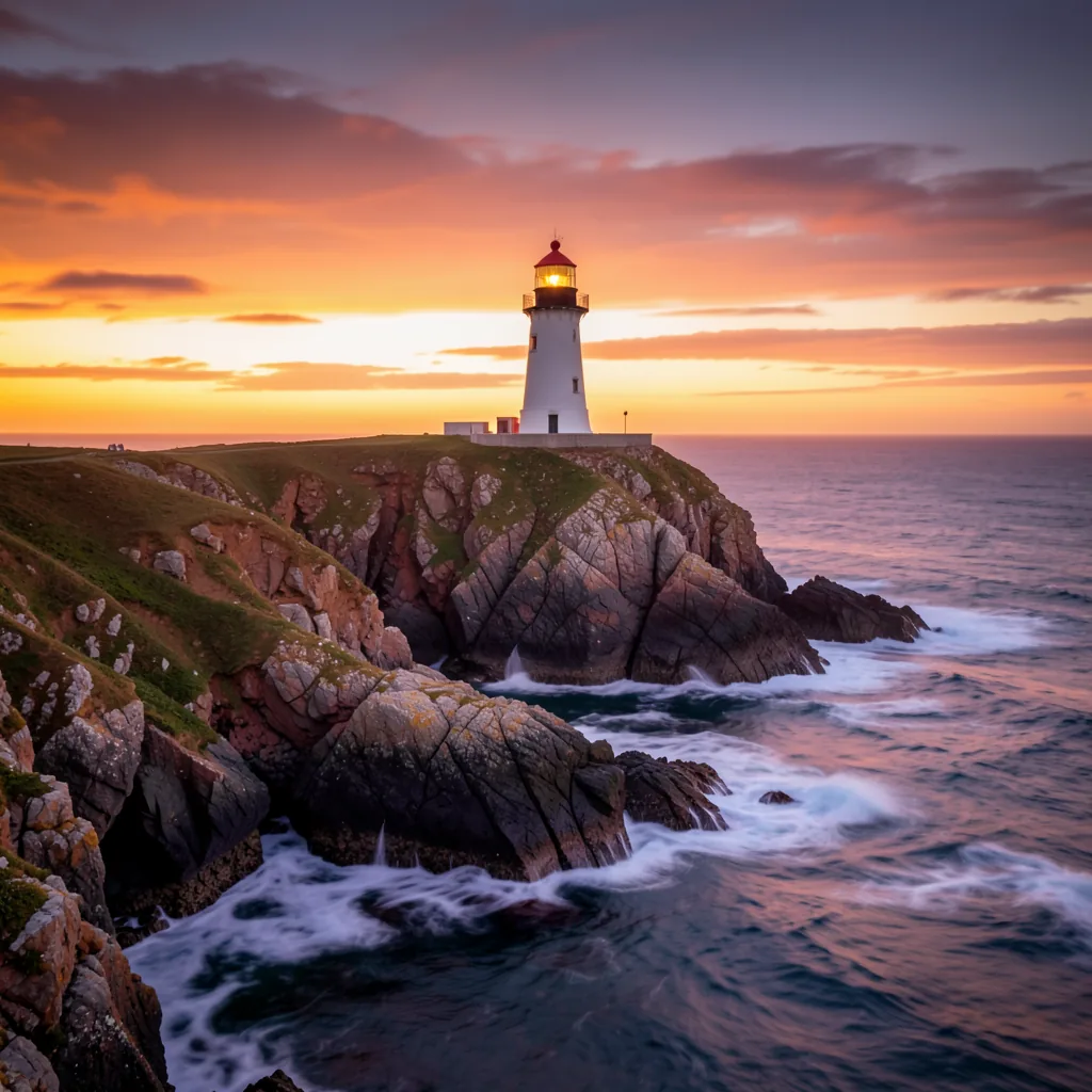 A lighthouse on a rocky sea cliff at sunset, waves breaking below.