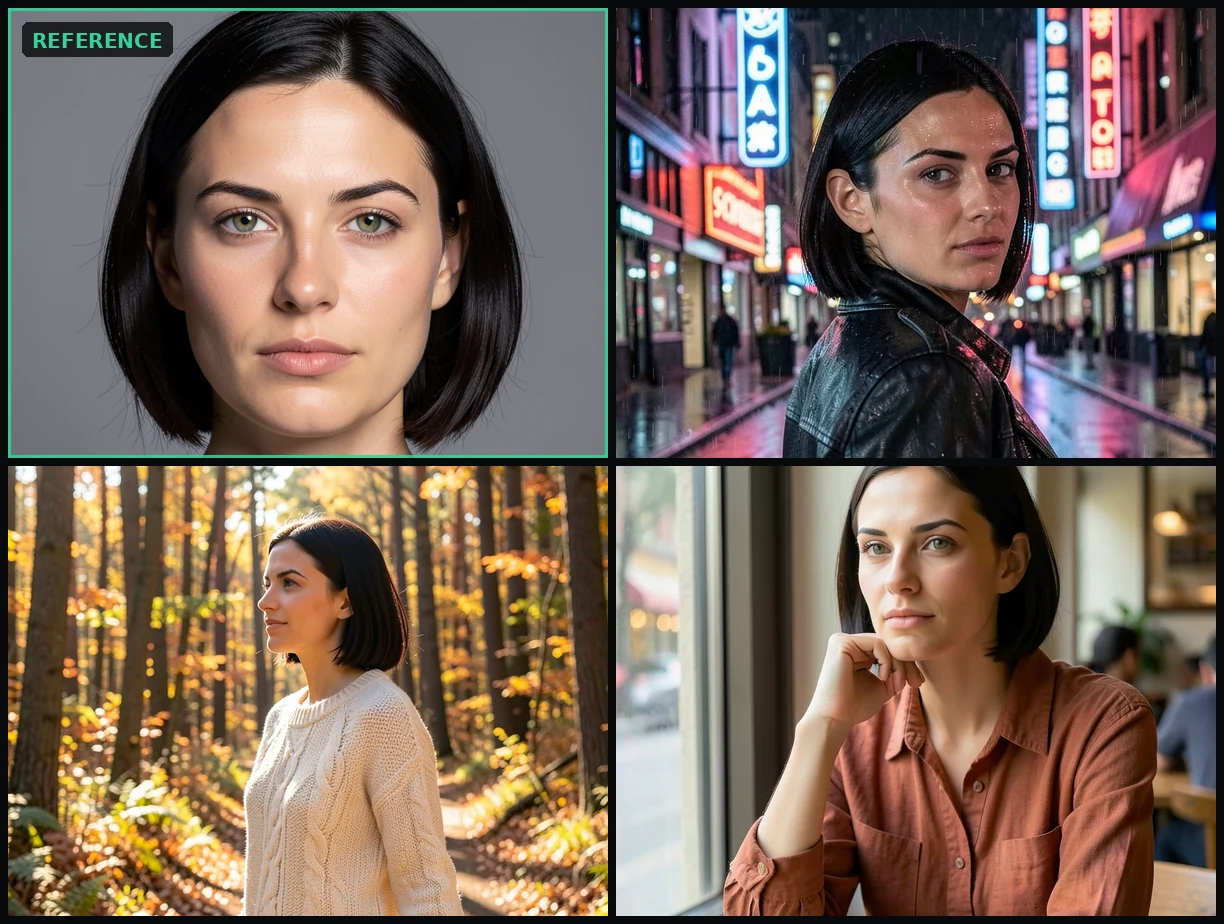 Four frames in a grid. Top left, marked REFERENCE, is a studio portrait of a woman with a dark bob against a grey backdrop. The other three are the same woman generated from it: in a leather jacket on a neon-lit rainy street at night, in a cream knit sweater walking an autumn forest trail, and in a rust linen shirt at a cafe window.