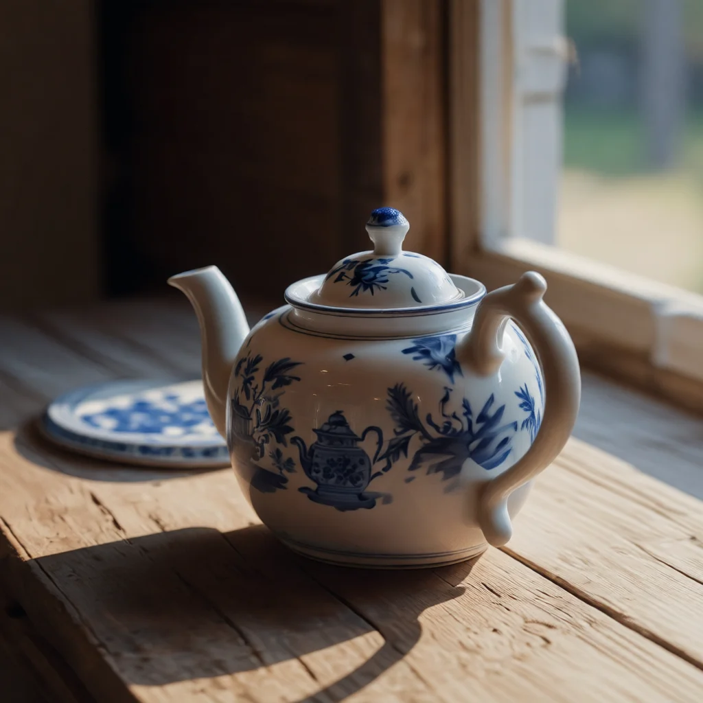 The blue and white porcelain teapot seen from a front-right quarter angle, spout left and handle right, on the same table.