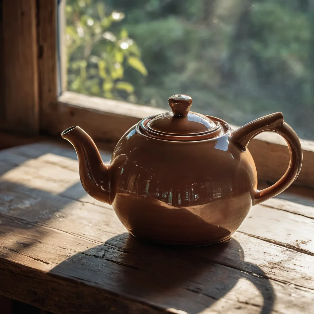 A glazed ceramic teapot on a wooden table beside a window in morning light.