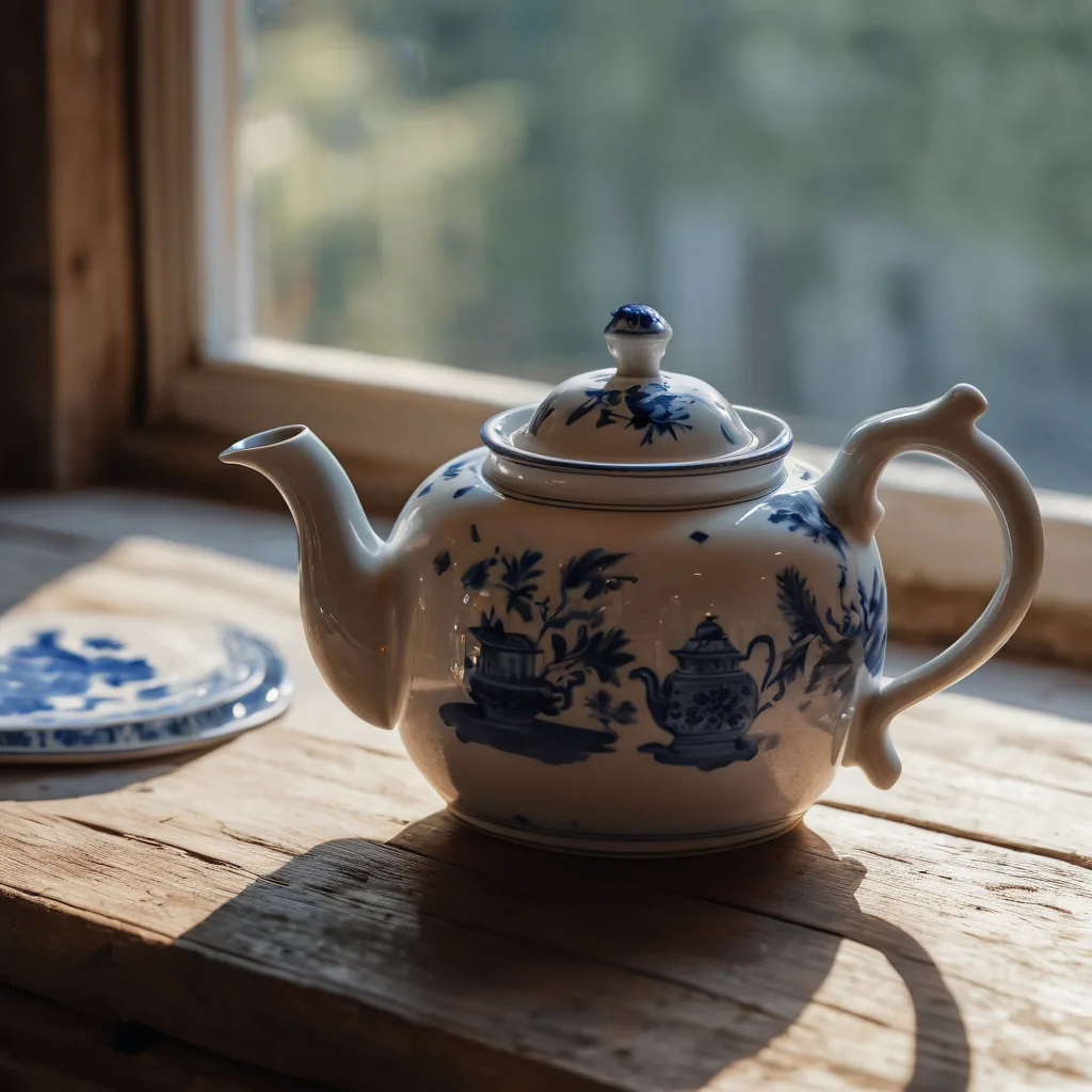 A blue and white porcelain teapot on the same table and in the same light as the brown one it was generated from.